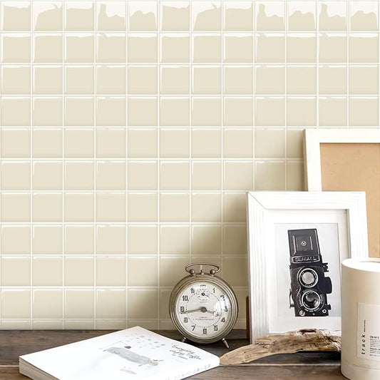 Alwayspon 10 Sheets 10"x10" Beige 3D Vinyl Backsplash Tiles, Self-Adhesive Peel and Stick Wall Tile Stickers Stick on Subway Tiles for Kitchen Bathroom Wall