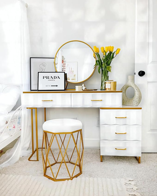 Modern White Extendable Makeup Vanity 5 Drawers Dressing Table Set with Stool and Looking Glass