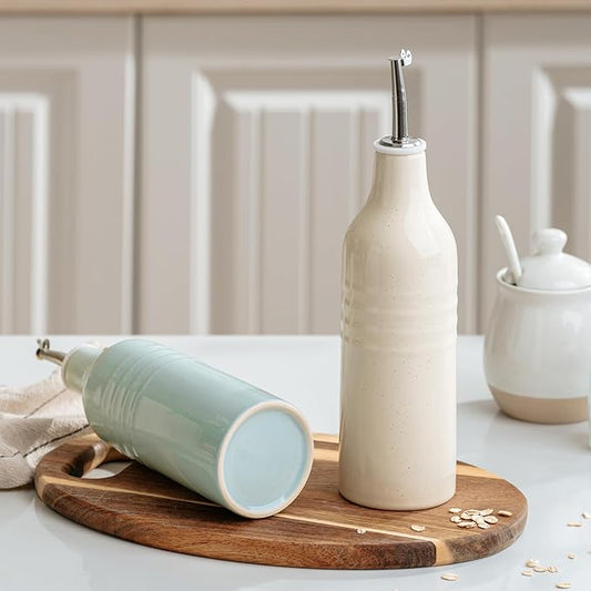 famiware Jupiter 16oz Ceramic Olive Oil Dispenser Bottle, Oil and Vinegar Dispenser Bottle Set of 2 with Stainless Steel Pourers, Suitable for Storage Vinegar, Liquids, Light Blue & Vanilla White