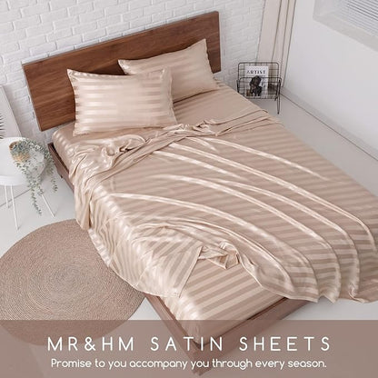 MR&HM Satin Bed Sheets, King Size Sheets Set, 4 Pcs Silky Bedding Set with 15 Inches Deep Pocket for Mattress (King, Champagne Striped)