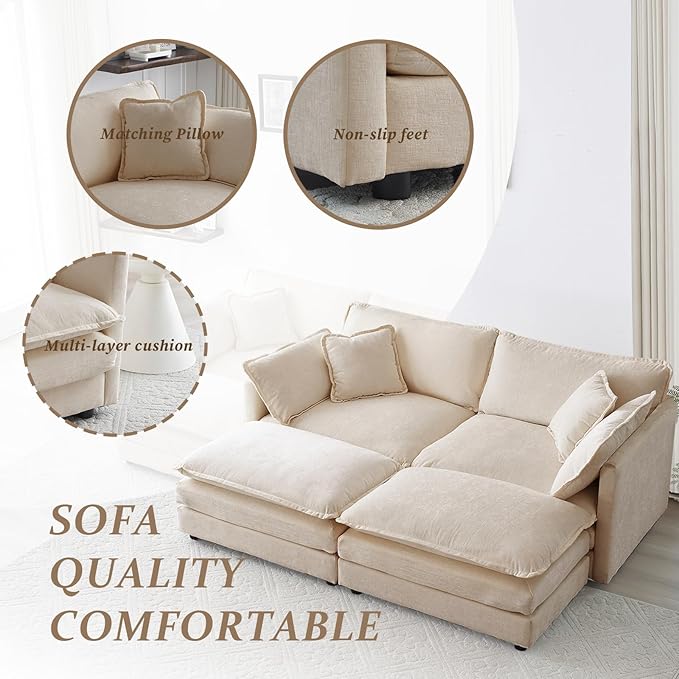 SoarFlash Chenille Sectional Sofa, Comfy Modular Coush Sofa with Ottoman, Modern 2 Seat Recliner Deep Seat Sofa Set for Living Room,Light Coffee