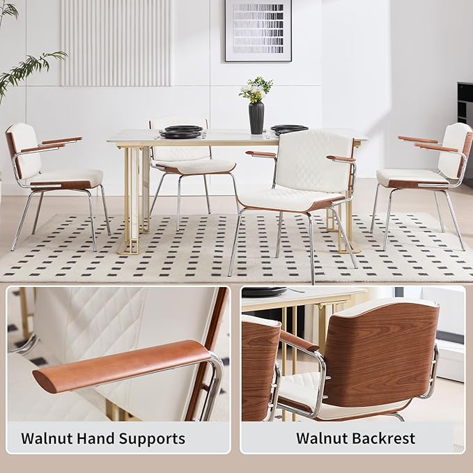 Dining Chairs Set of 2, Mid-Century Modern PU Leather Upholstered Chairs with Walnut Bentwood Backrest and Silver Metal Legs for Kitchen Dining Room Home Office,