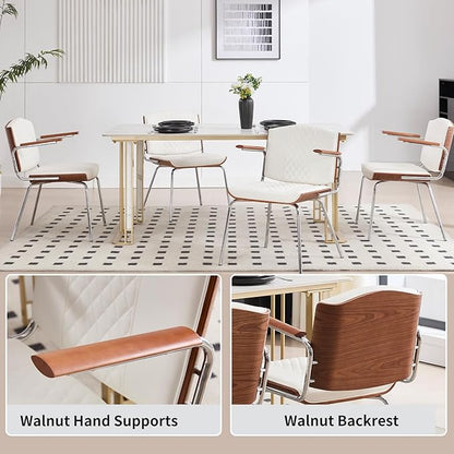 Dining Chairs Set of 2, Mid-Century Modern PU Leather Upholstered Chairs with Walnut Bentwood Backrest and Silver Metal Legs for Kitchen Dining Room Home Office,