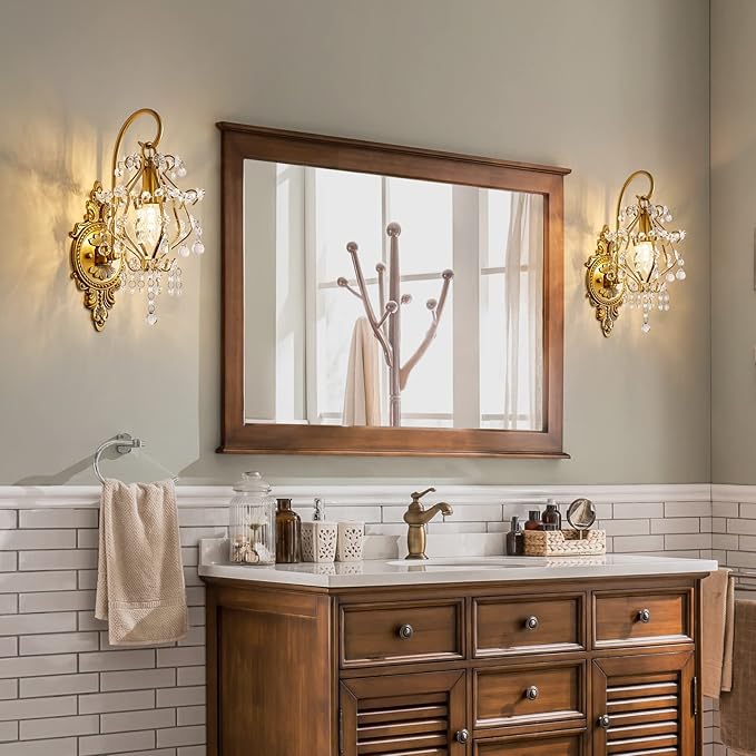 Gold Crystal Vintage Wall Sconces Indoor Hardwired Wall Light Fixture, Modern Wall Mount Lamp Light for Bedroom Living Room Bathroom Vanity Light Hallway Light Fixture Decor LED E12