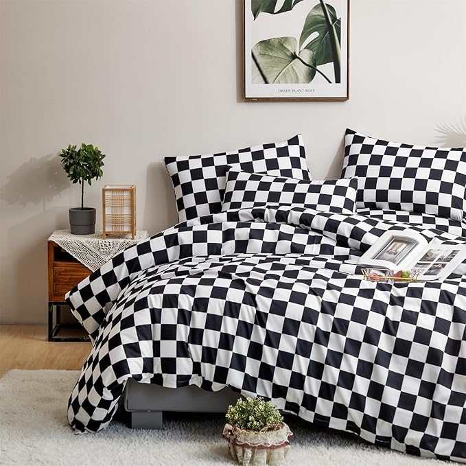 CLOTHKNOW Black White Plaid Queen Comforter Set 3Pcs Grid Bedding Comforter Sets Soft Checker Geometric Queen Comforter with 2 x Pillow Cases