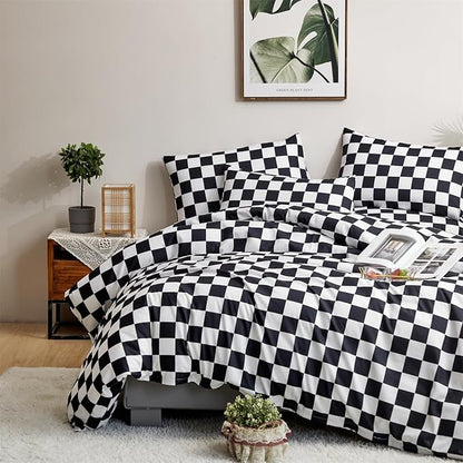 CLOTHKNOW Black White Plaid Queen Comforter Set 3Pcs Grid Bedding Comforter Sets Soft Checker Geometric Queen Comforter with 2 x Pillow Cases