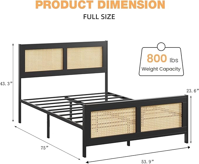 GarveeHome Full Size Rattan Bed Frame with Headboard, Black Boho Cane Platform Bed Frame with Strong Metal Slat, Noise Free, No Box Spring Needed