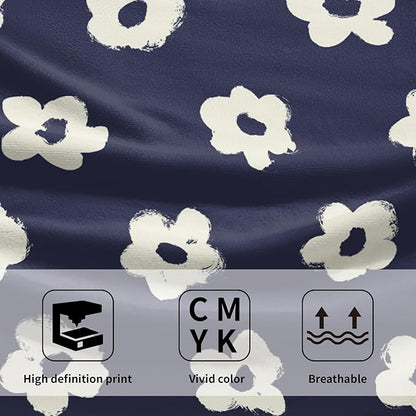 Modern Style Kitchen Towels Navy Blue Geometrical Stripe Set of 2 Quick Dry Microfiber Flower Pattern for Home Kitchen