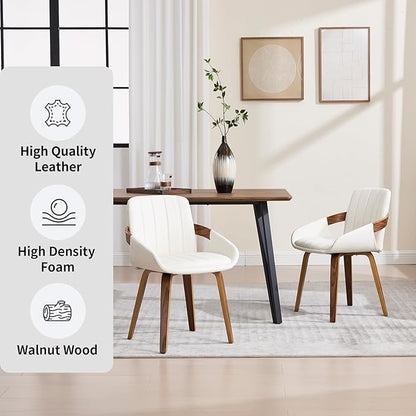 Dining Chairs Set of 2, Mid Century Modern Dining Room Chairs with Arms and Mid Back PU Leather Upholstered Bentwood Kitchen Chairs for Home Restaurant Office - Beige