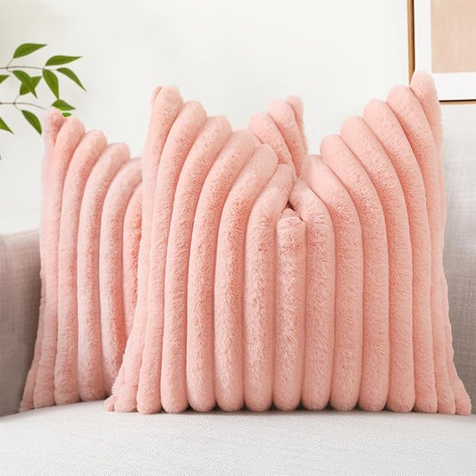 decorUhome Faux Fur Throw Pillow Covers 20x20 Set of 2, Decorative Soft Plush Striped Neutral Euro Pillow Covers with Velvet Back for Bed, Living Room Home Decor, Blush Pink