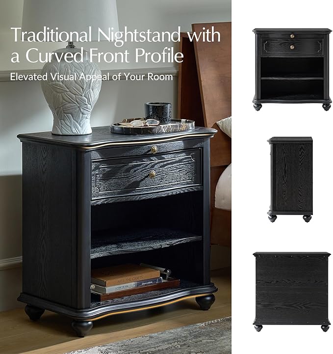 HULALA HOME Wooden Nightstand with Pull-Out Shelf, Mid Century Modern Nightstand with Solid Wood Drawers and Legs, Adjustable Storage Set of 2, Black