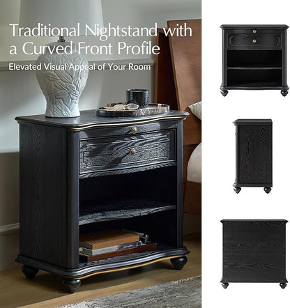 HULALA HOME Wooden Nightstand with Pull-Out Shelf, Mid Century Modern Nightstand with Solid Wood Drawers and Legs, Adjustable Storage Set of 2, Black