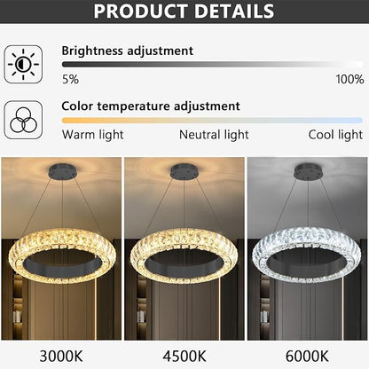 16" Ring Modern LED Dimmable Crystal Chandelier Adjustable Height Pendant Light Round Crystal Chandelier Light Fixtures for Dining Room Living Room Kitchen Island Black