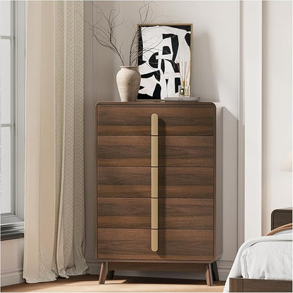 Dresser for Bedroom with 5 Drawers,Mid Century Modern Dresser with Storage,31" Wide Modern Chest of Drawers with Metal Handles,Large Wood Drawer Organizer for Bedroom,Living Room,Walnut