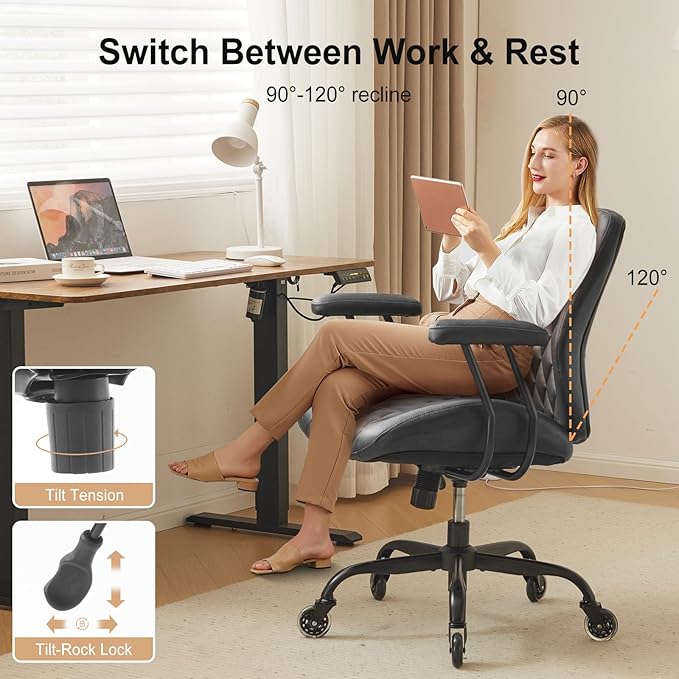 YFO Home Office Chair Office Rubber Casters Ergonomic Computer Chair with Lumbar Support Adjustable Height Rolling Swivel Executive Task Armrests Chair， Black PU