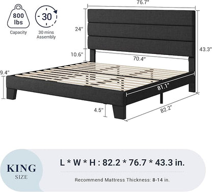 Allewie King Bed Frame Platform Bed with Fabric Upholstered Headboard and Wooden Slats Support, Fully Upholstered Mattress Foundation/No Box Spring Needed/Easy Assembly, Dark Grey