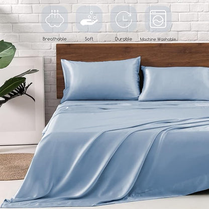 MR&HM Satin Bed Sheets with Elastic Corner Straps, Queen Size Sheets Set, 4 Pcs Silky Bedding Set with 15 Inches Deep Pocket for Mattress (Queen, Blue Haze)