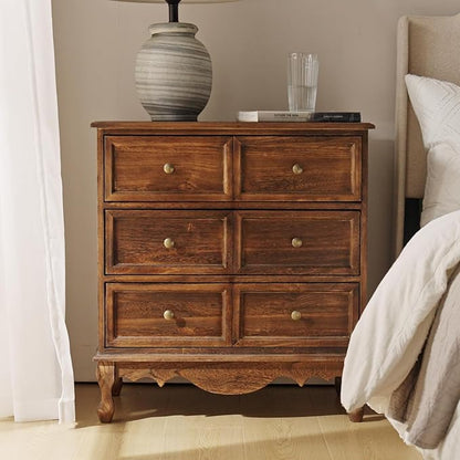HULALA HOME 3 Drawer Nightstand with Charging Station Drawer Organizer with Wood Legs Farmhouse Solid Wood, Walnut
