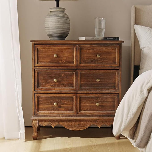 HULALA HOME 3 Drawer Nightstand with Charging Station Drawer Organizer with Wood Legs Farmhouse Solid Wood, Walnut