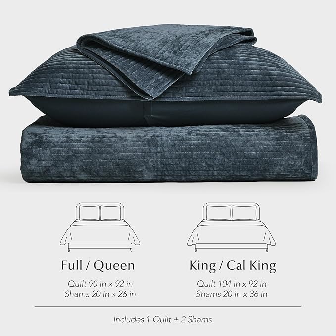 EVERGRACE Velvet Quilt Set Queen Size, Luxurious Soft Quilted Bedding Sets, Lightweight Velvet Comforter for All Season, Striped Channel Bedspread Coverlet with 2 Shams, Midnight Blue