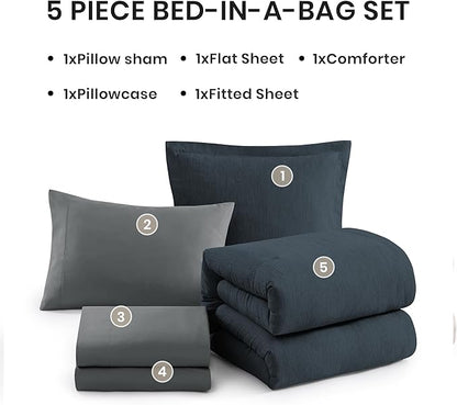 Monbix Twin XL Comforter Set Navy Blue, Cationic Dyeing Bedding Set Reversible 5 Pieces, All Season Bed in a Bag with Comforter, Sheets, Pillowcase & Sham