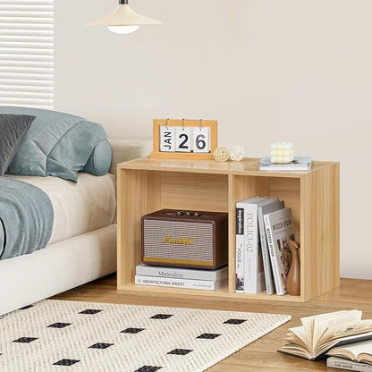LEYAOYAO 2 Cube Bookshelf,Natural Record Player Stand Holds up to 100 Albums, Mini Wood Book Shelf Storage Organizer,Turntable Stand with Vinyl Storage Cabinet, Narrow Open Bookcase for Small Spaces