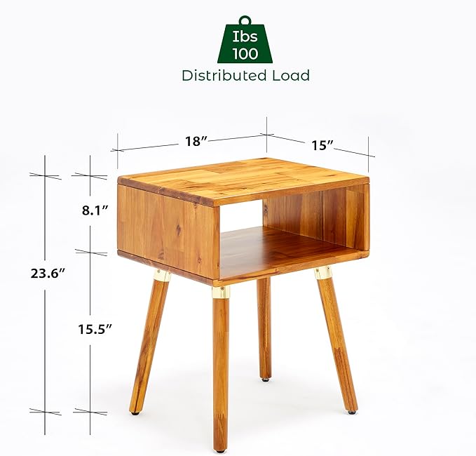 Bme Dinkee Solid Wood Nightstand Bedside Table Without Drawer for Mid Century Bedroom and Living Room, Caramel
