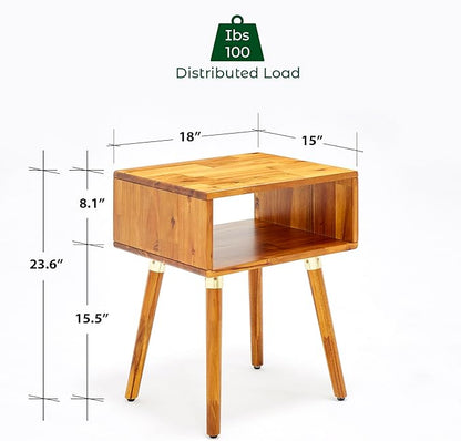 Bme Dinkee Solid Wood Nightstand Bedside Table Without Drawer for Mid Century Bedroom and Living Room, Caramel