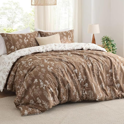 Bedsure Full Comforter Set - Brown Bed Set, 3 Pieces Cute Floral Bedding, 1 Soft Reversible Botanical Flowers Comforter and 2 Pillow Shams