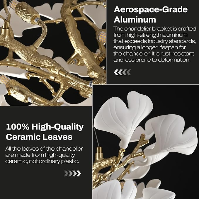 10-Light Gold Tree Branches Chandeliers, 32''Modern Round Ceramic Ginkgo Leaf Chandelier, Dining Room Chandelier Over Table, for Living, Foyer, Kitchen, Bedroom