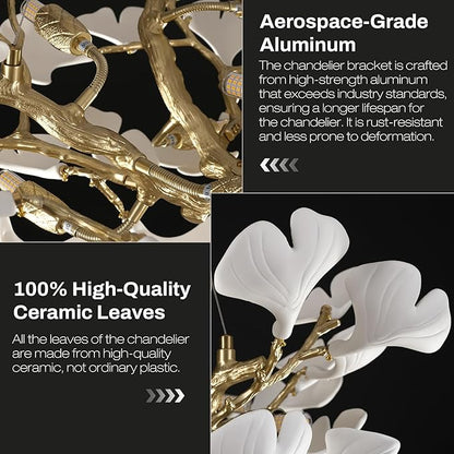 10-Light Gold Tree Branches Chandeliers, 32''Modern Round Ceramic Ginkgo Leaf Chandelier, Dining Room Chandelier Over Table, for Living, Foyer, Kitchen, Bedroom