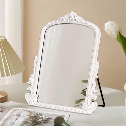 11.8" x 9.6" Small White Arched Vanity Mirror, Vintage Makeup Mirror Baroque Style Arendahl Carved Mirror with Frame for Desk Decorative Table Aesthetic