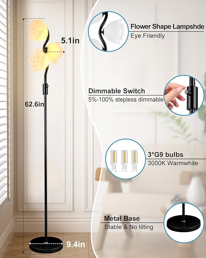 Dimmable Flower Floor Lamp, Modern Black Pole Standing Lamps with 3 Soft Warm White 3000K Bulbs, Mid Century Unique Floral Floor Lamp for Living Room Bedroom Home Decor
