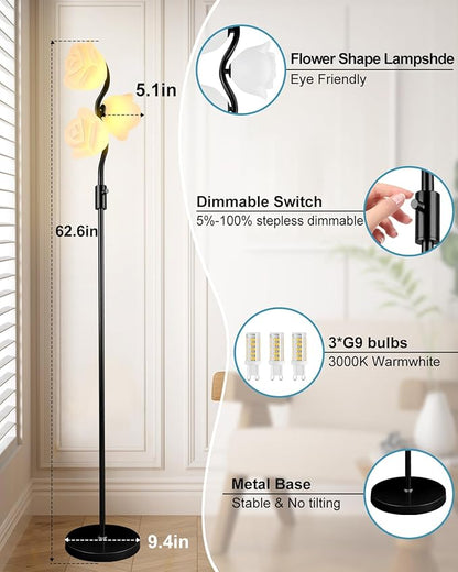 Dimmable Flower Floor Lamp, Modern Black Pole Standing Lamps with 3 Soft Warm White 3000K Bulbs, Mid Century Unique Floral Floor Lamp for Living Room Bedroom Home Decor