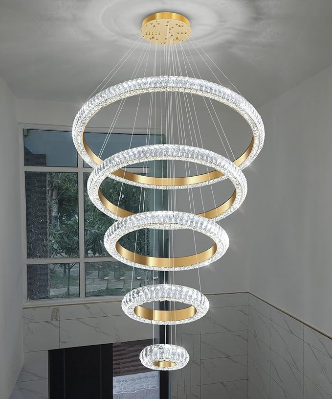 5 Ring Large Crystal Chandelier Modern LED Dimmable High Ceiling Chandelier Ring Contemporary Pendant Light Fixture for Living Room Foyer Staircase Gold D40''