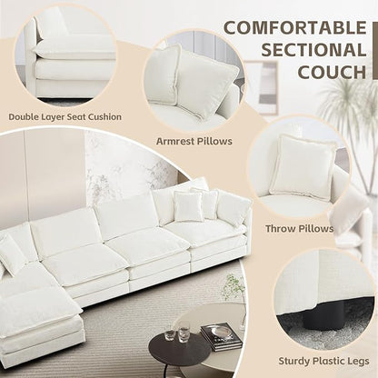SoarFlash Chenille Sectional Sofa, Comfy L Shaped Modular Coush Sofa with Ottoman, Modern 4 Seat Couch Deep Seat Sofa Set for Living Room,White