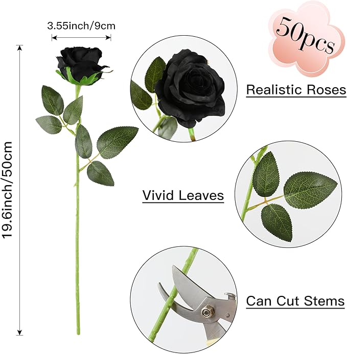 Nubry 50pcs Artificial Silk Roses Bulk,Fake Roses Flower with Stems Realistic Flowers for Wedding Centerpiece Home Party Decor(Black)