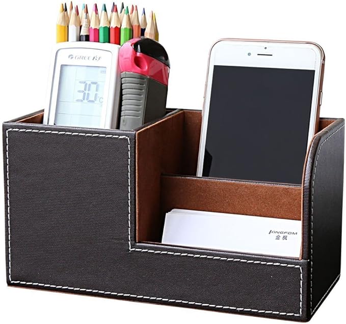 KINGFOM 3PCS/SET Desk Organizer Sets Leatherette Office Accessories Supplies Including Tissue Holder,Pencil Holder and Business Name Cards Stand Brown