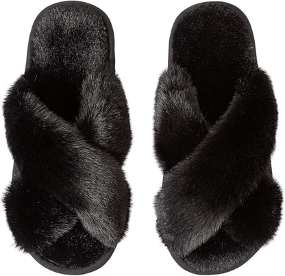 Women's Slipper Memory Foam Cross Band Fuzzy Slippers Open Toe Cozy House Slippers Cozy Plush Bedroom Indoor Outdoor