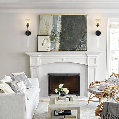 KCO Lighting Amber Glass Globe Wall Sconce Black Slim Long Arm Wall Lamp Mid Century Modern Wall Mounted Reading Light for Bedside Stairs Bathroom Mirror