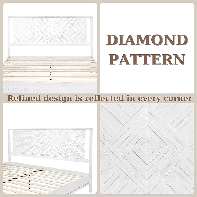 Bme Ethan Queen Bed Frame with Diamond Headboard, Mid-Century Modern, Solid Acacia Wood, No Box Spring Needed, Fits All Mattresses, Rustic White