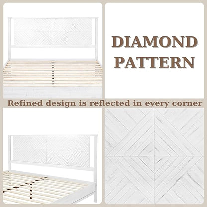 Bme Ethan Queen Bed Frame with Diamond Headboard, Mid-Century Modern, Solid Acacia Wood, No Box Spring Needed, Fits All Mattresses, Rustic White