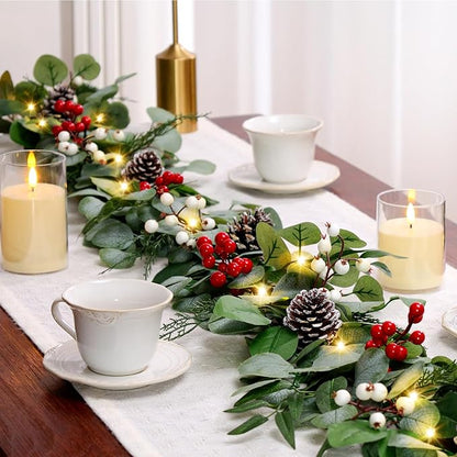 Alupssuc Guirnalda de Navidad de eucalipto artificial preiluminada de 6 pies, Christmas luces multicolores/funciona con pilas, guirnalda sintética iluminada para manto, mesa, escaleras, barandilla, decoración