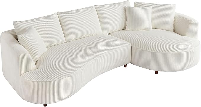 WILLIAMSPACE 122" Modern Curved Sofa Couch, Upholstery Oversized Cloud Sofa with Chaise & Pillows, Right Hand Facing Sectional Couch for Living Room (Right-Facing,White Corduroy)