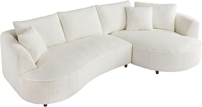 122'' Modern Curved Cloud Sofa Luxury Living Room 5 Seater Sectional Sofa Curve Design Comfortable Upholstered Sofas with Toffee Chair for Living Room Bedroom Apartment (Corduroy+Right Facing, White)