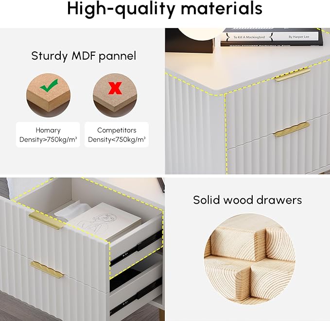 homary Modern Night Stand, White Night Stand with Drawers, Bedside Table with Gold Metal Legs for Bedroom Living Room