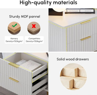 homary Modern Night Stand, White Night Stand with Drawers, Bedside Table with Gold Metal Legs for Bedroom Living Room