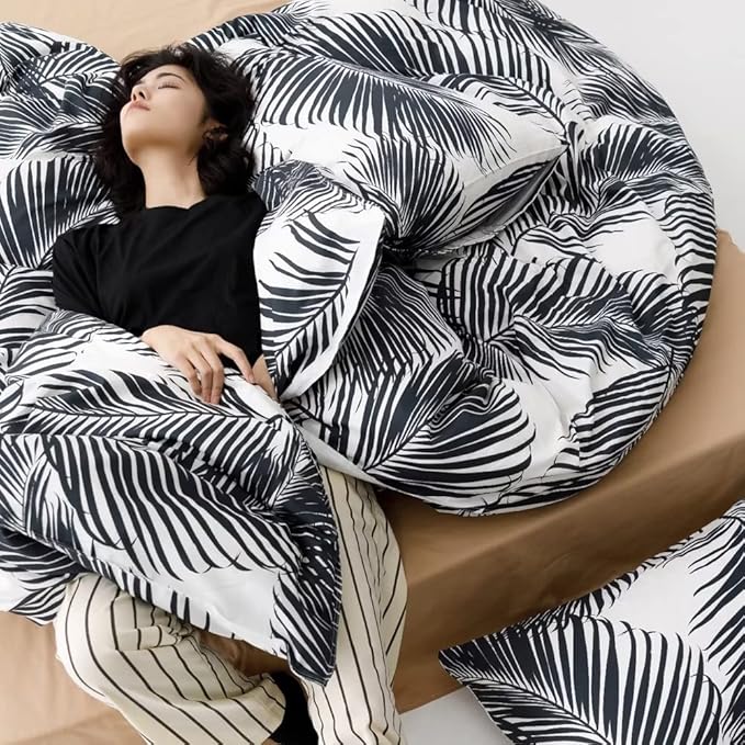 Pureant Boho Black Botanical Bedding Set - Full Comforter, Feather Quilts, Rustic Palm Leaves, Tropical Bohemian Black Floral Pattern