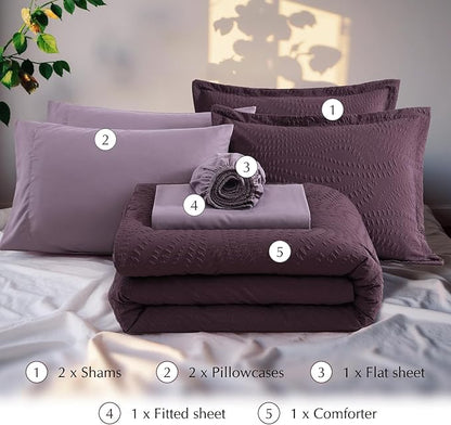 Geniospin Queen Comforter Set - 7 Pieces Purple Bedding Set, Botanical Textured Fall Comforter Set, All Season Comfortable Bed in a Bag with Comforter, Sheets, Pillowcases & Shams