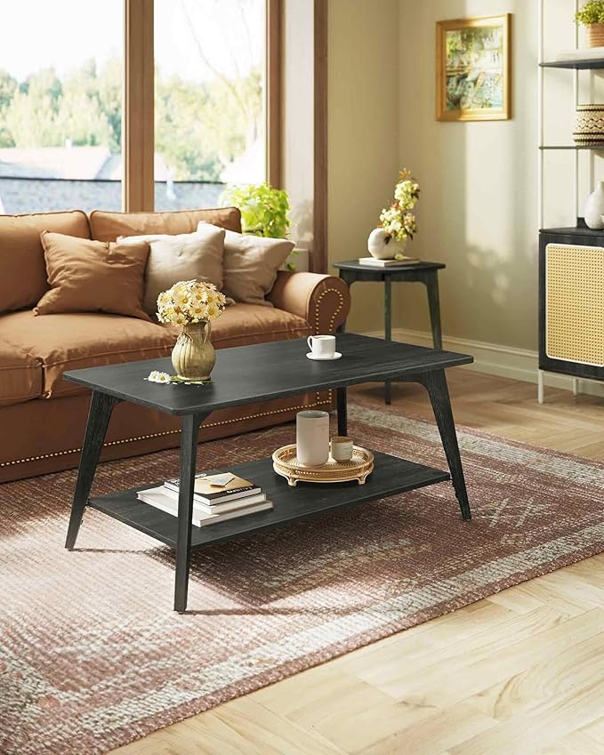 VASAGLE MAEZO Collection - Coffee Table, 2-Tier Center Table with Storage, Tapered Legs, Curved Transitions, 21.7 x 39.4 x 17.7 Inches, Easy to Assemble, for Living Room, Charcoal Gray ULCT249B01